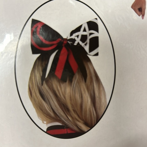 Evil Spirit Dark Cheerleader Zombie Halloween Complete Costume Top Skirt Bow NEW - Picture 3 of 5